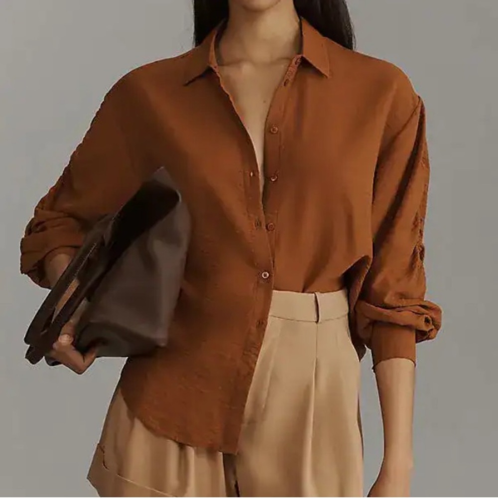 Anthropologie Ruched Sleeve Clay Brown Long Sleeve Button Front Blouse